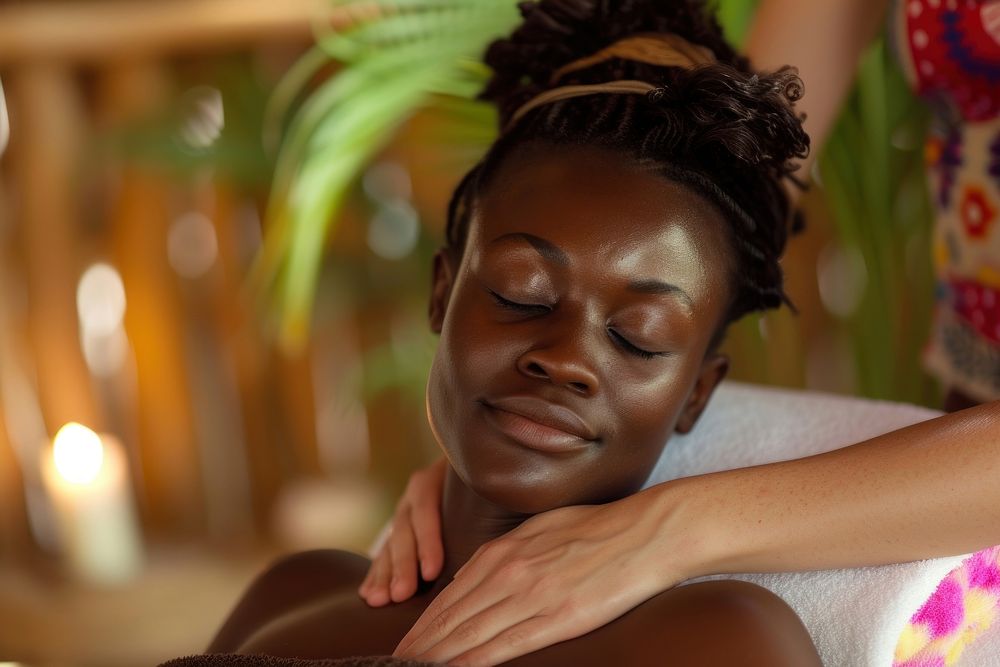 Ghanan woman spa spirituality relaxation.