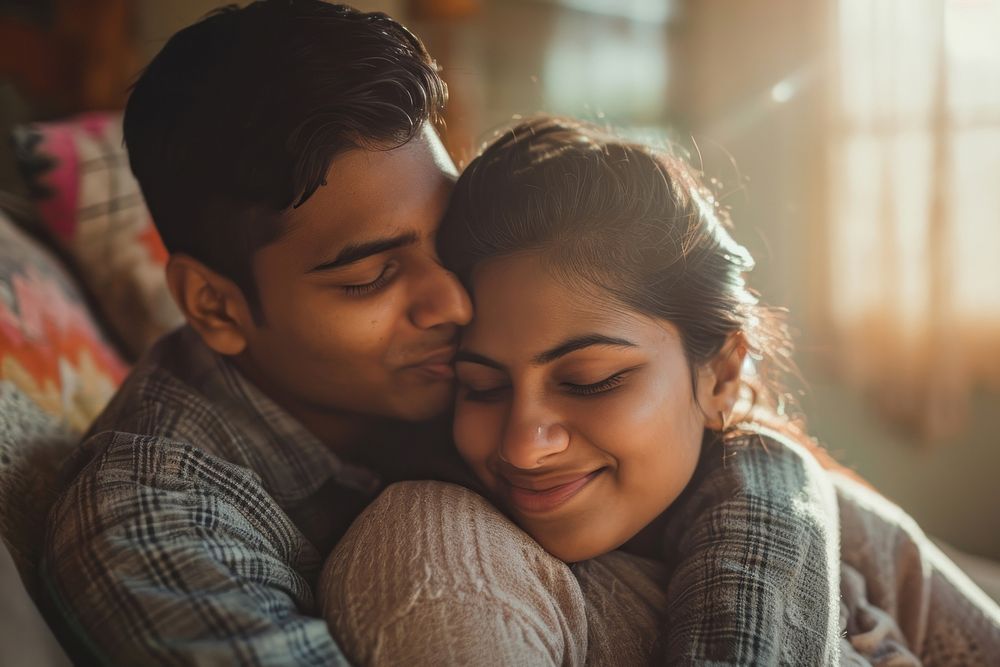 Indian young male couple kissing hugging love.