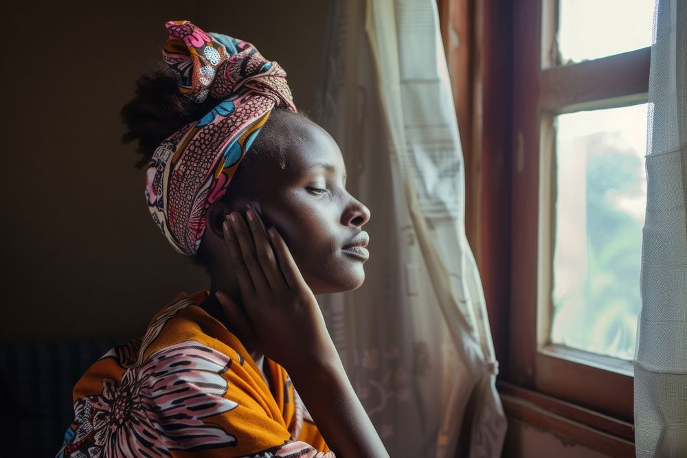 Kenyan woman contemplation hairstyle headscarf.
