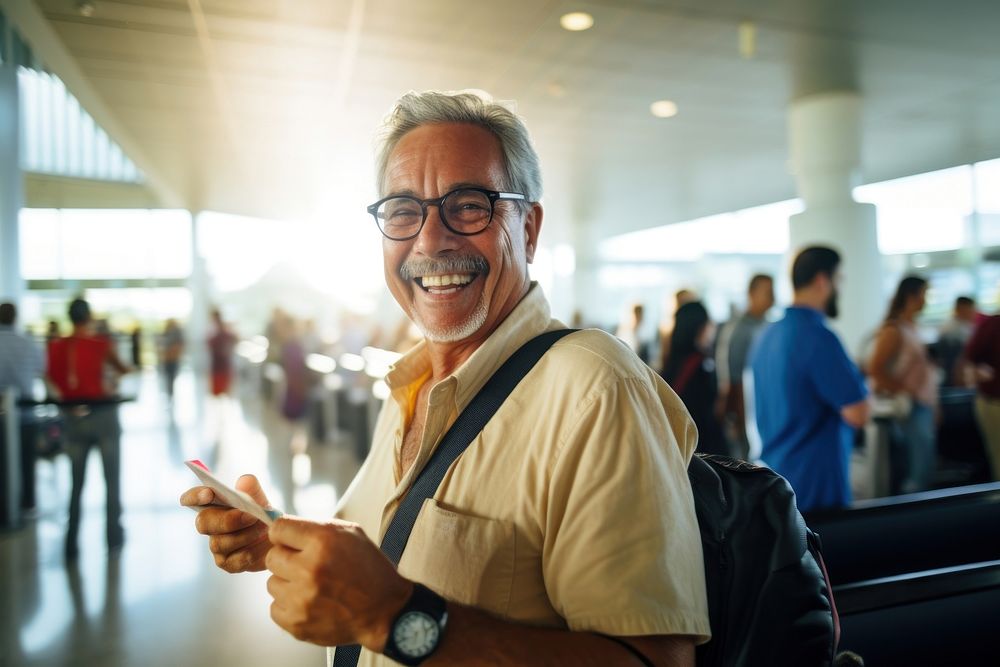 Latino senior man airport glasses travel.