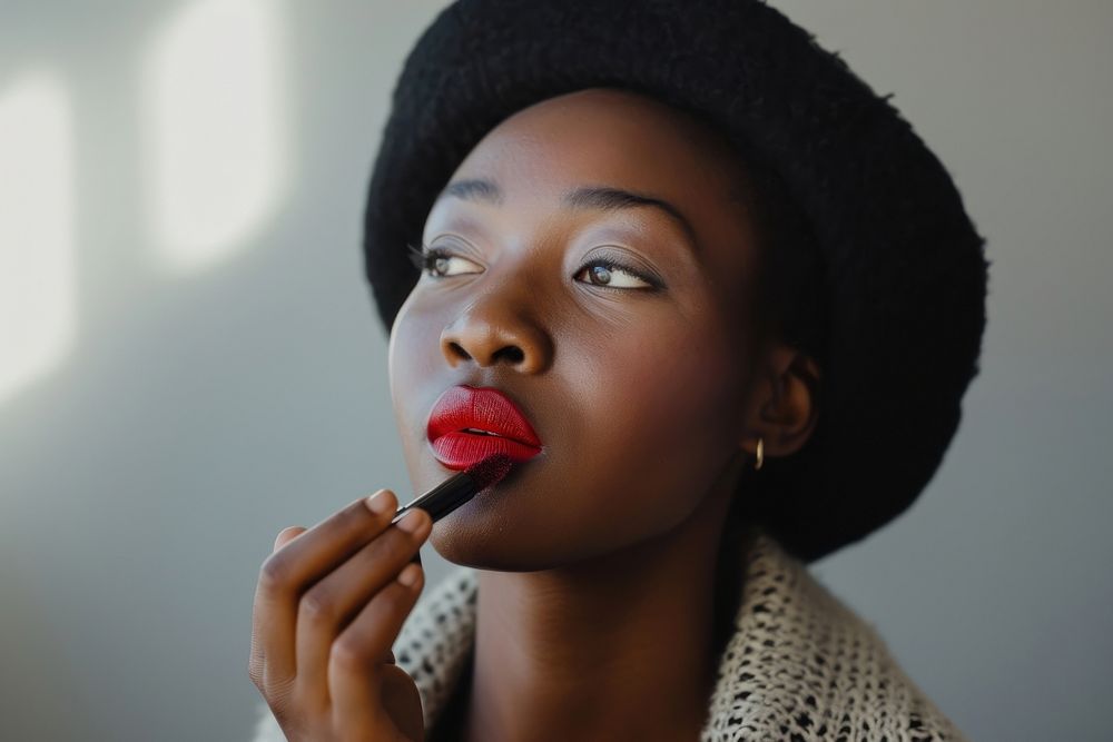 South African woman cosmetics lipstick applying.