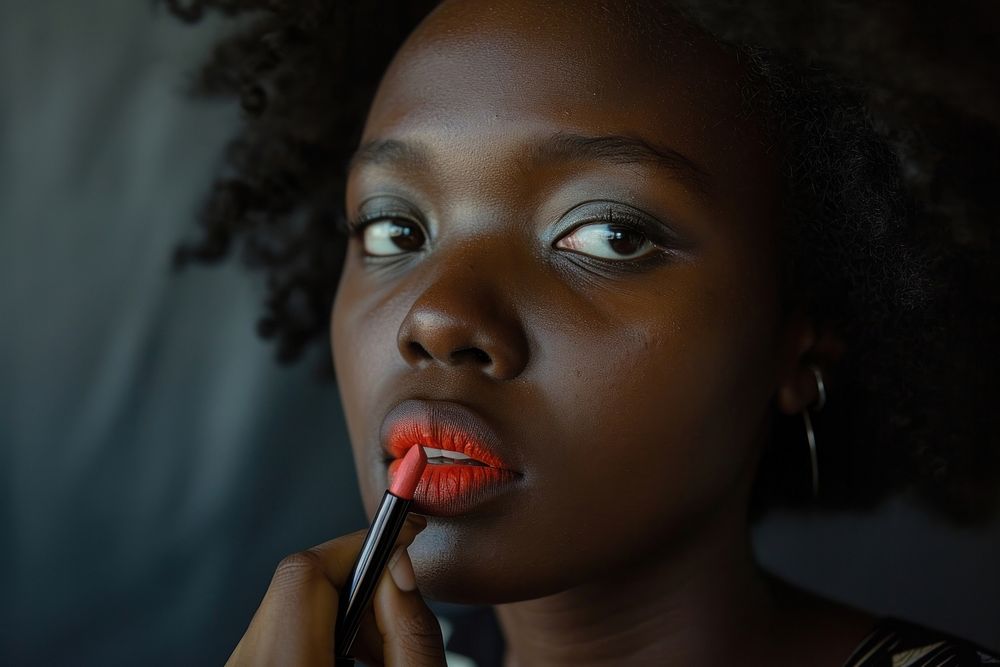 South African woman lipstick cosmetics applying.