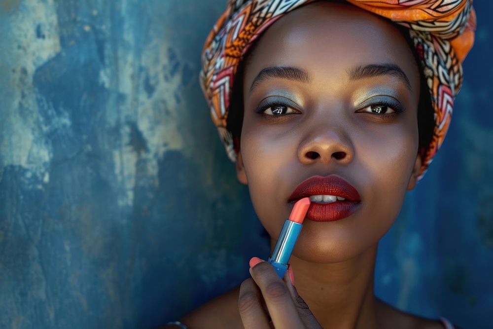 South African woman lipstick cosmetics applying.