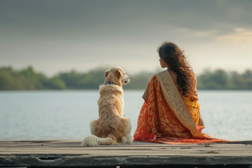 Indian Woman sitting with dog on jetty outdoors animal mammal.