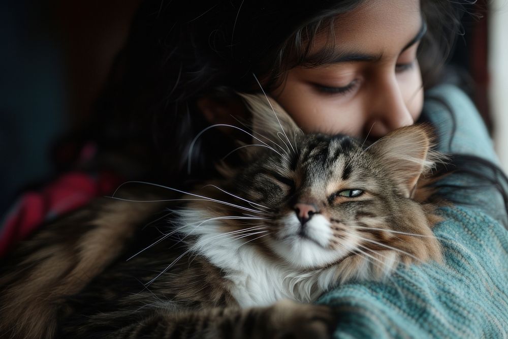 Indian young female hugging a cat portrait sleeping mammal.