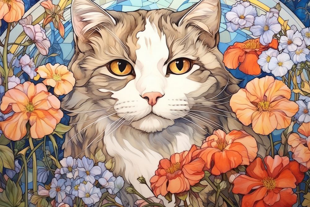 Scottish Fold and flowers art illustrated painting.