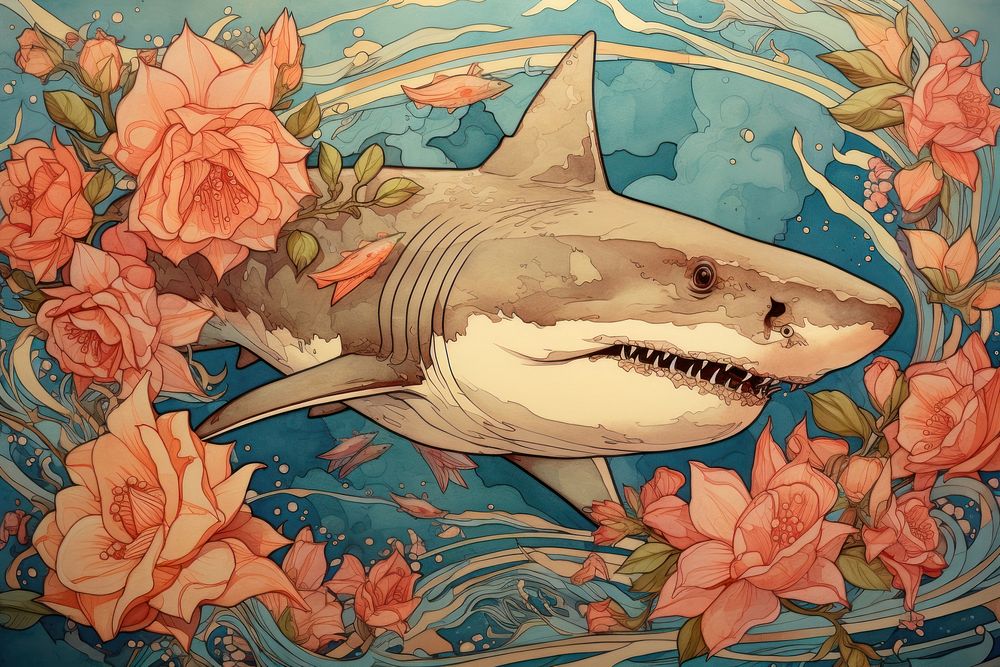 Shark and flowers art painting animal.