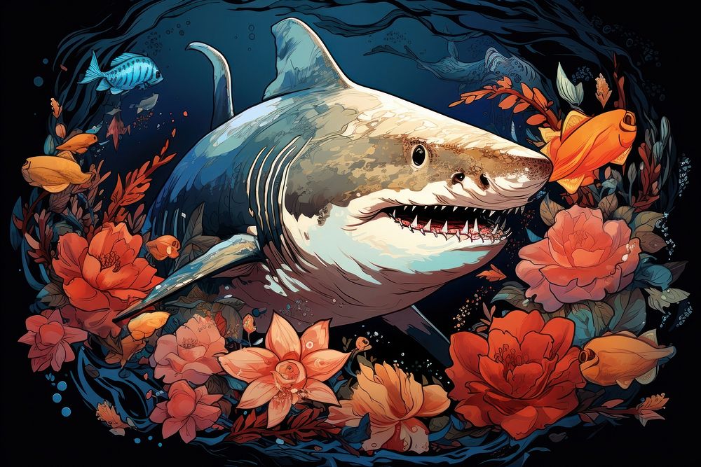 Shark and flowers art painting animal.