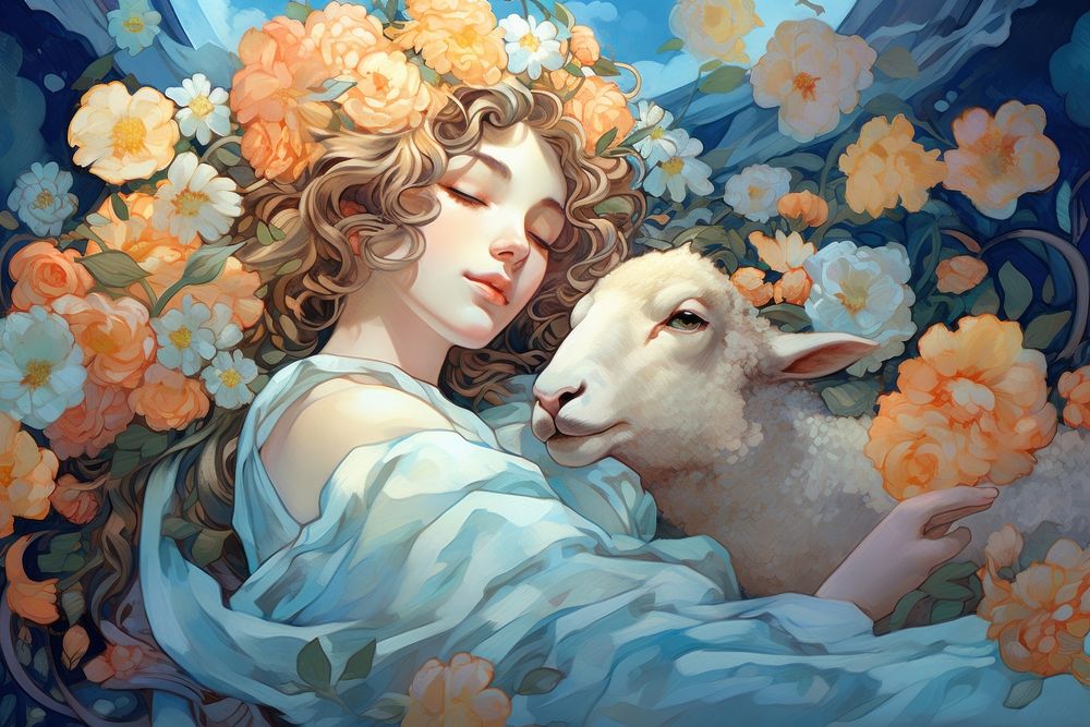Sheep and flowers art livestock painting.