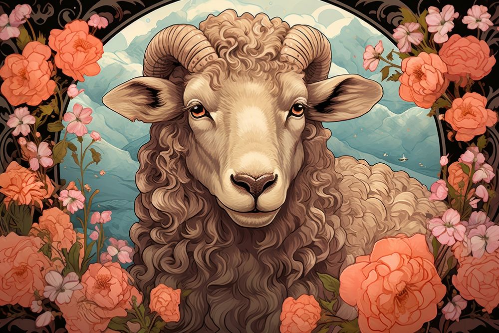 Sheep and flowers art illustrated livestock.