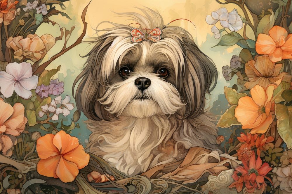 Shih Tzu and flowers art painting blossom.