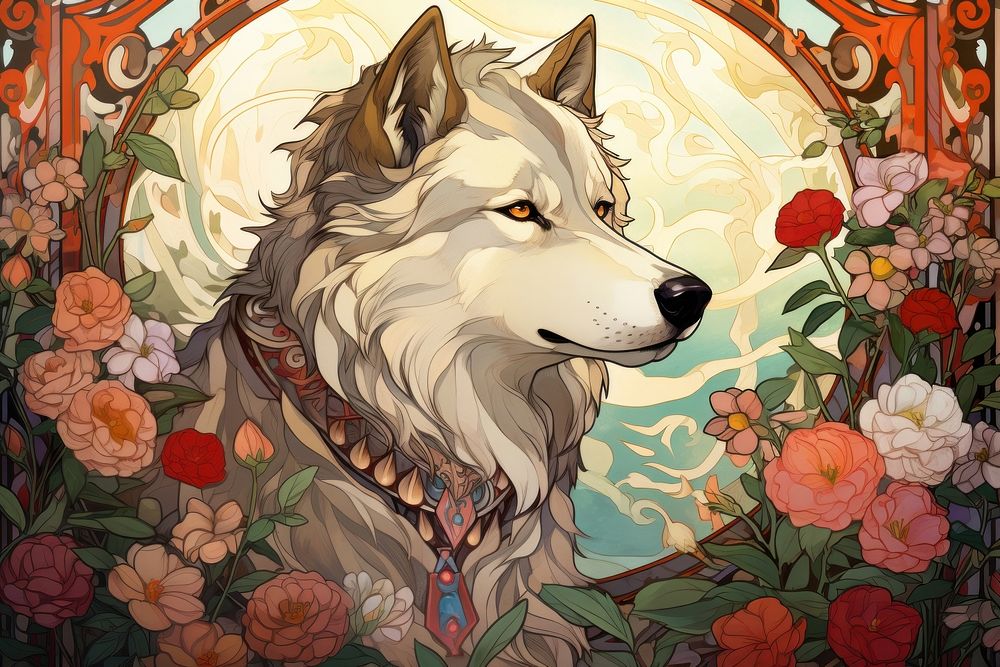 Siberian Huskie and flowers art painting person.