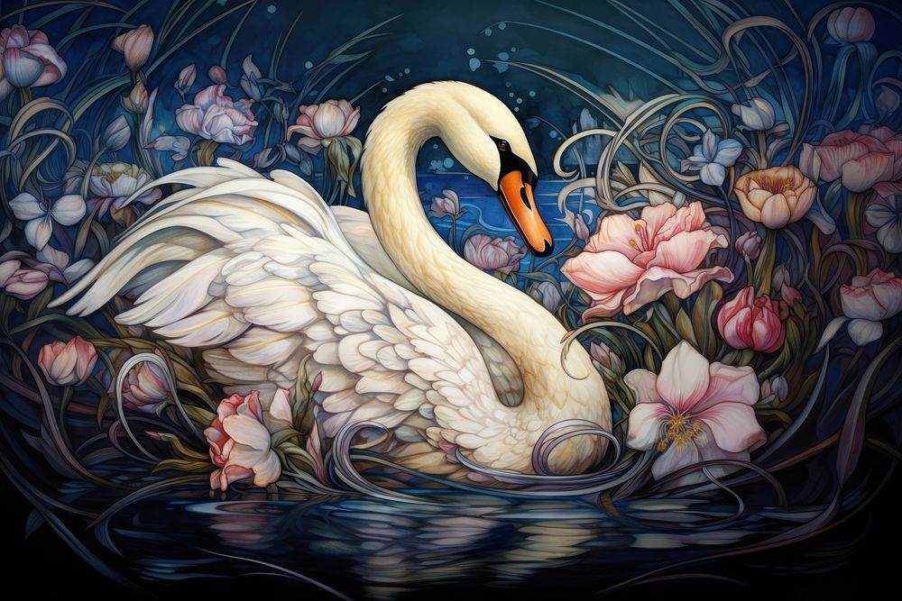 Swan and flowers art painting animal.