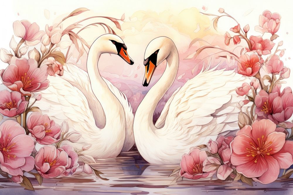 Swan couple and daisy flowers blossom animal plant.