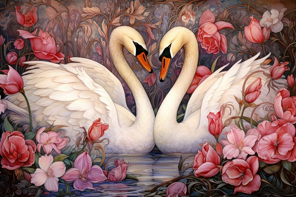 Swan couple and flowers art painting animal.