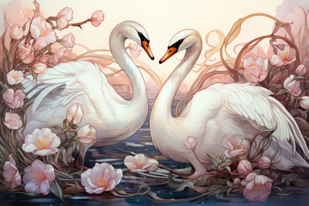 Swan couple and flowers art painting animal.