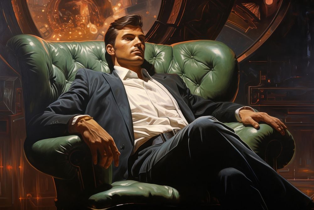 Man wearing suit chilling on the sofa furniture armchair sitting.