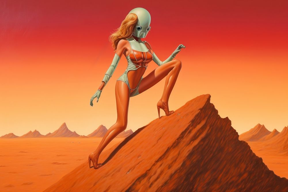 Robot woman cartoon desert nature.