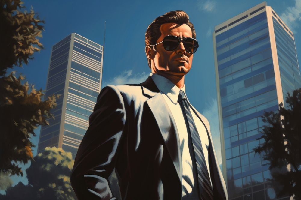 Business man in front of office building architecture sunglasses blazer.