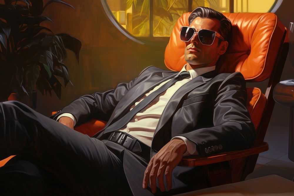 Man wearing suit chilling on the sofa sunglasses furniture armchair.