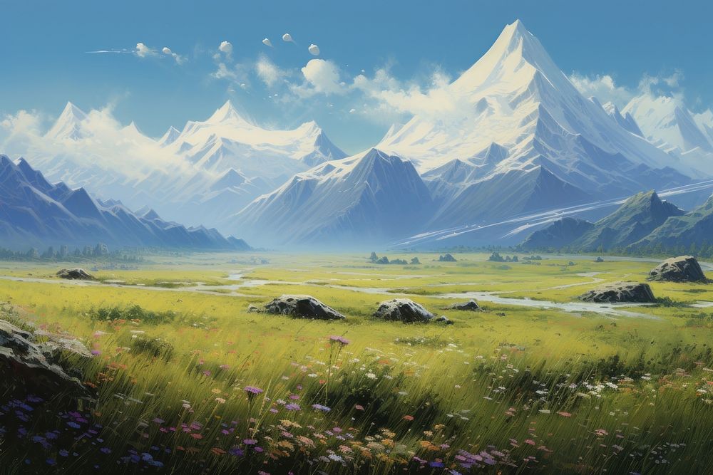 Hilly grass fields with snowy mountain range in the background landscape grassland outdoors.