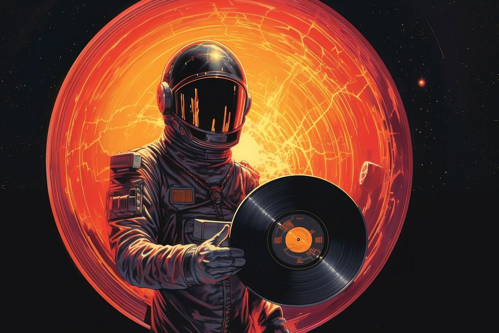 Astronaut holding a music disk art technology turntable.