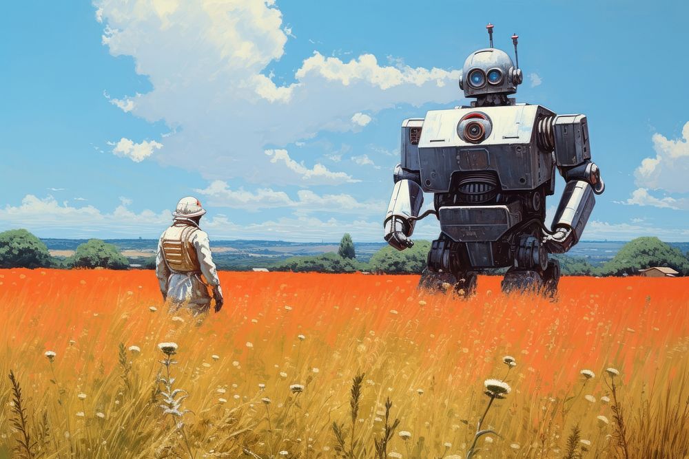 Robot in farm field outdoors nature agriculture.
