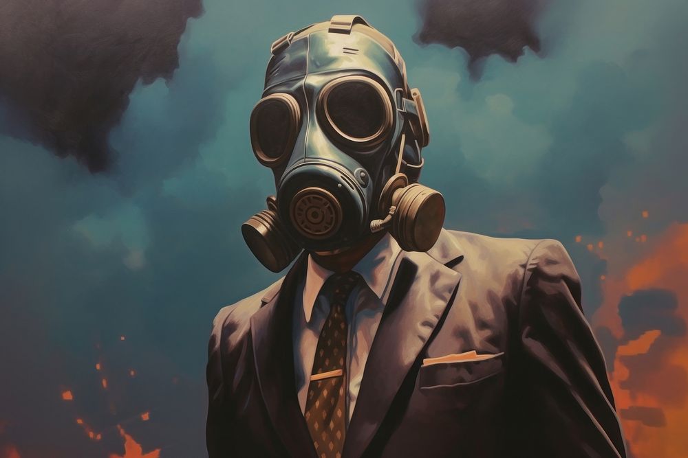 Man in a suit wearing gas mask adult tie architecture.