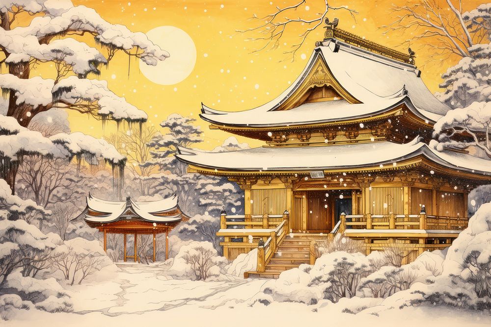 The exterior of a winter covered yellow japanese temple in the snow architecture tradition building.