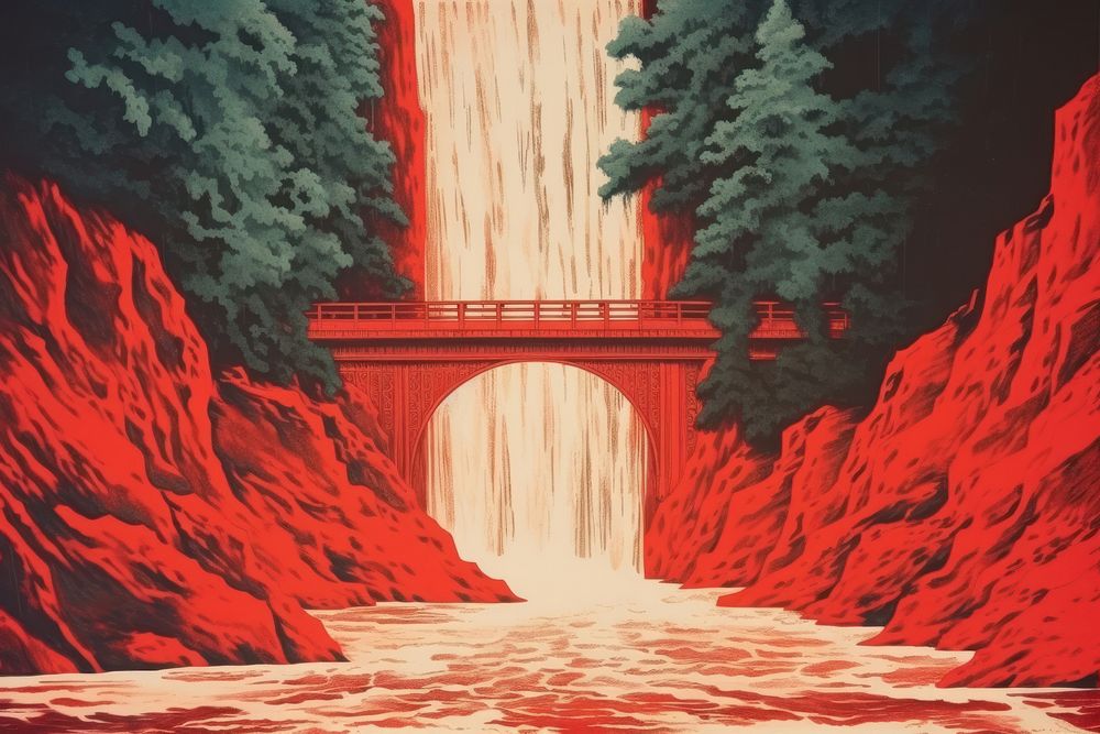 Red bridge in front of tall waterfall architecture painting nature.