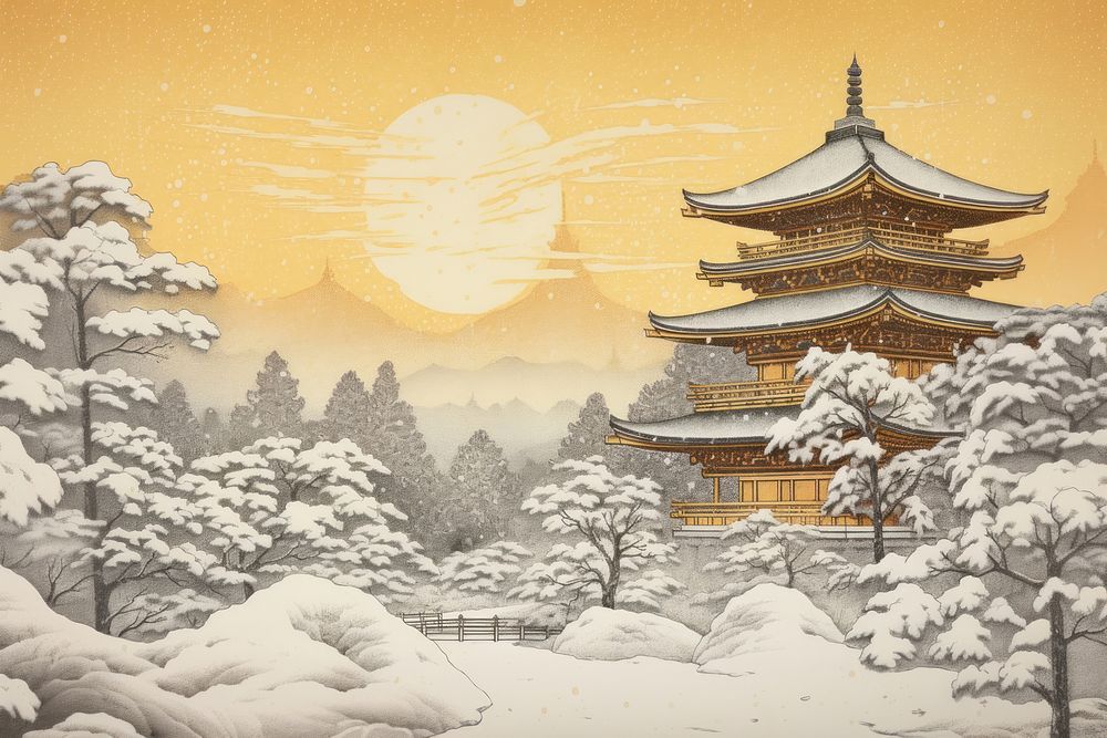 The exterior of a winter covered yellow japanese temple in the snow architecture tradition building.
