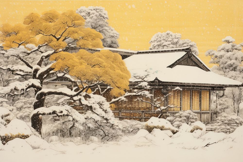 The exterior of a winter covered yellow japanese house in the snow architecture tradition building.