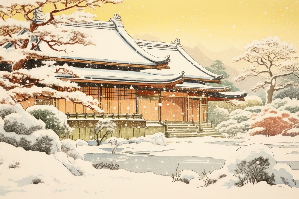 The exterior of a winter covered yellow japanese house in the snow architecture building spirituality.