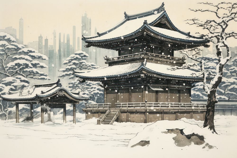 The exterior of a winter covered japanese temple in the snow architecture building outdoors.