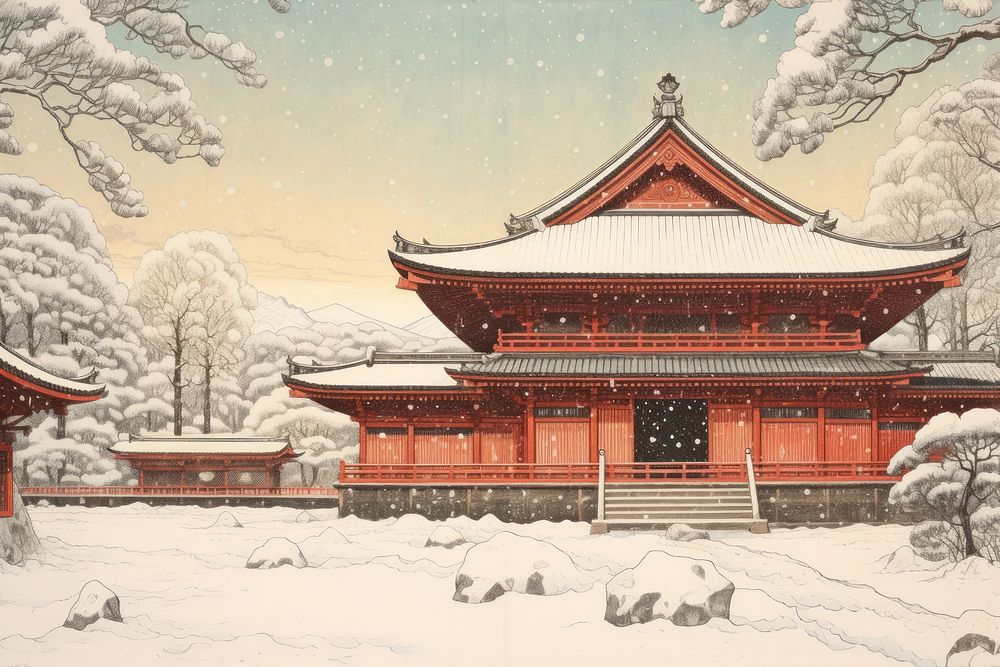 The exterior of a winter covered japanese temple in the snow architecture building pagoda.