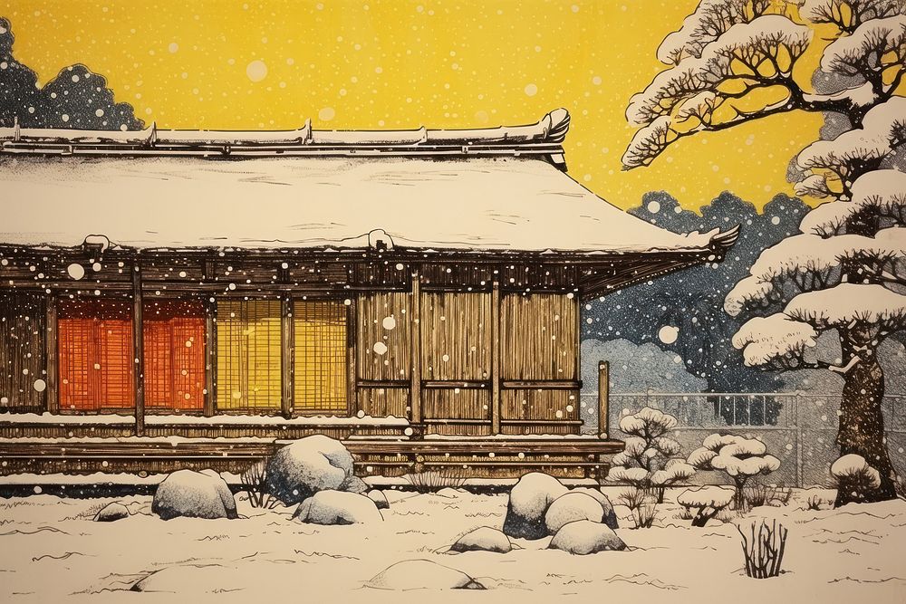 The exterior of a winter covered yellow japanese house in the snow architecture building outdoors.