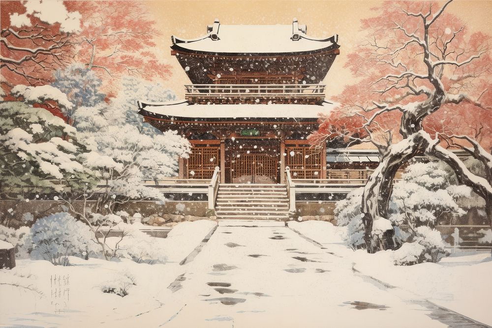 The exterior of a winter covered japanese temple in the snow architecture building outdoors.