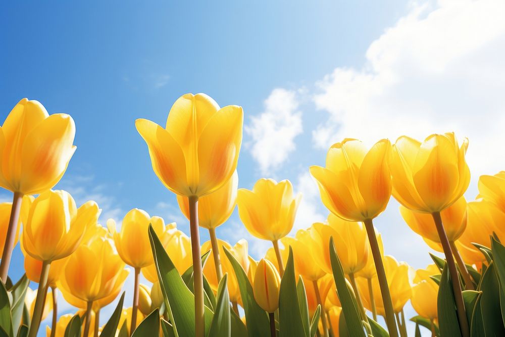 Yellow tulip flowers sky sunlight outdoors.