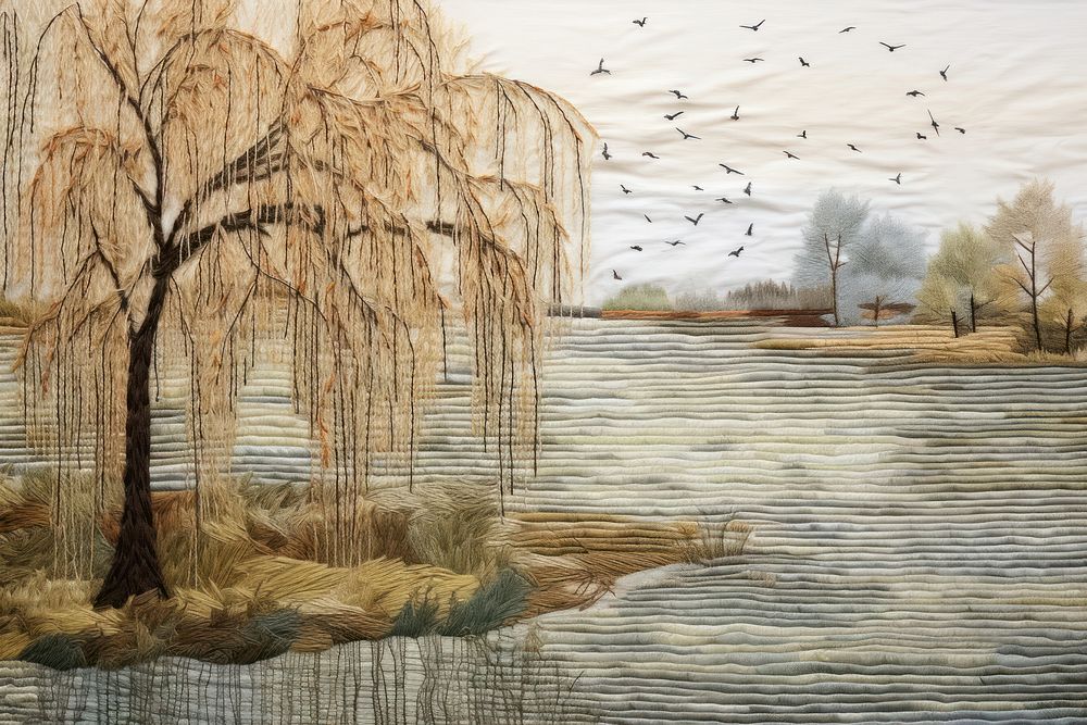 Calm lake and a willow trees outdoors painting nature.