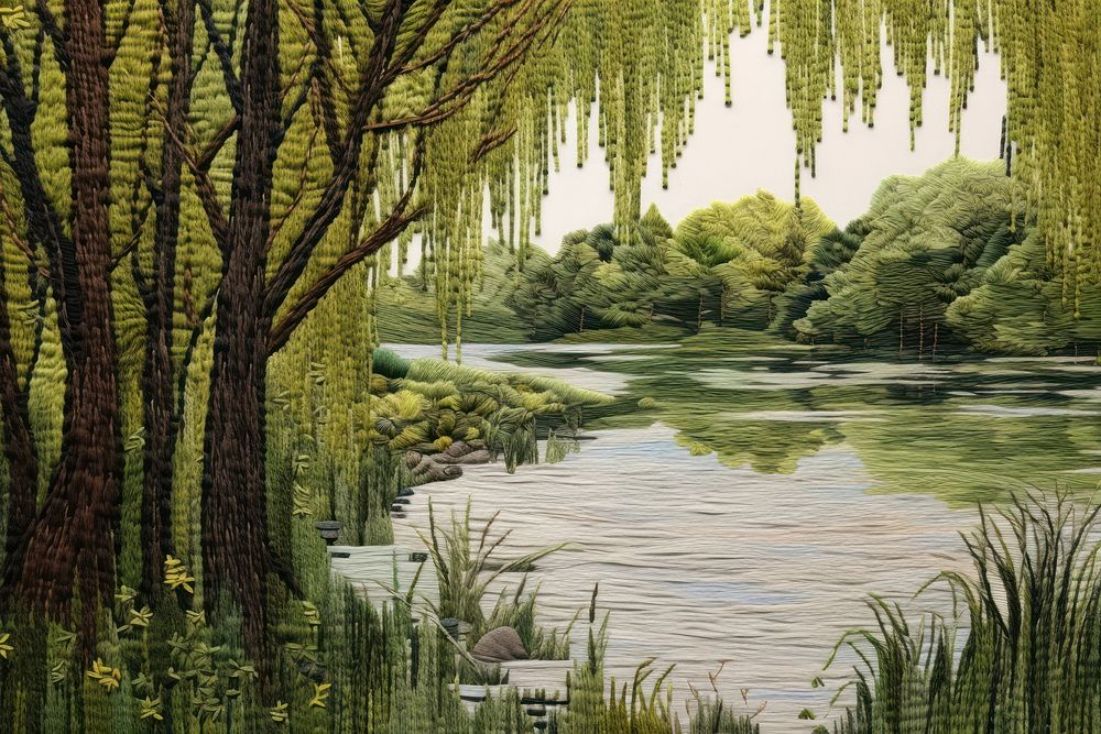 Lake with green willow trees in summer landscape vegetation outdoors.