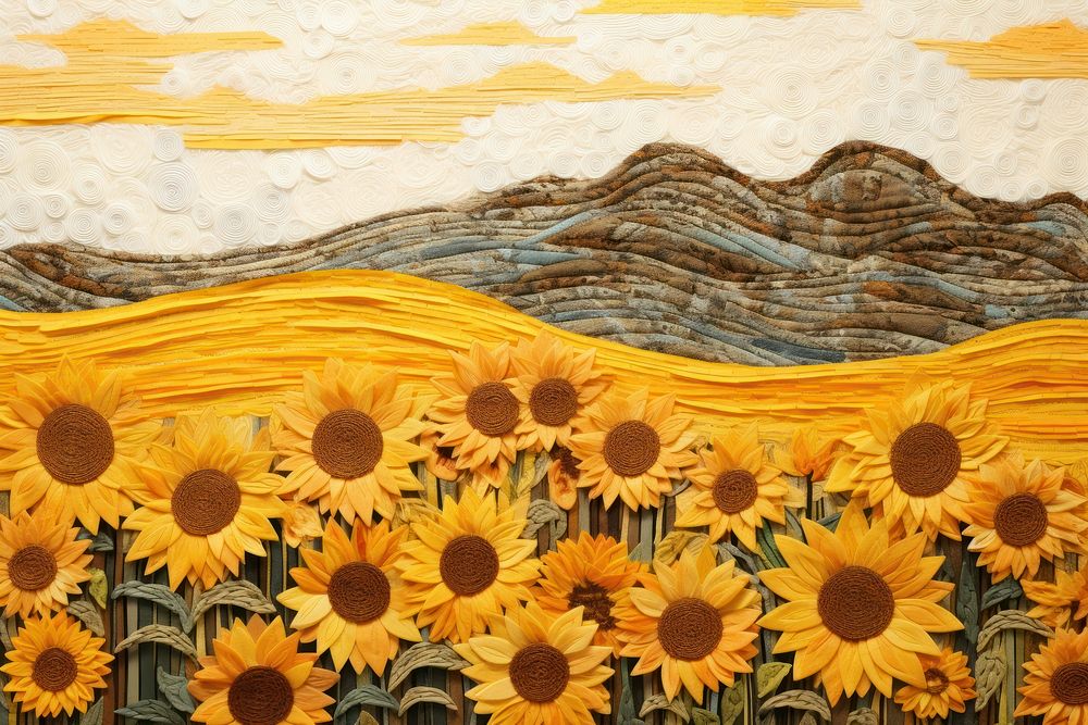 Sunflower field landscape painting textile.