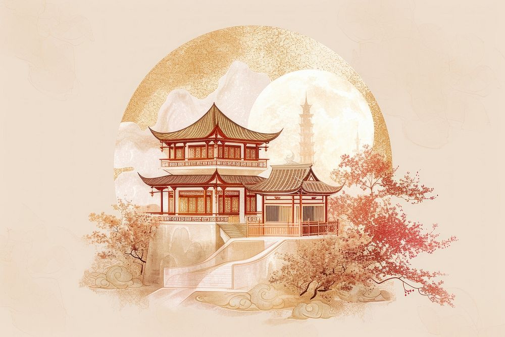 Antique chinese architecture building drawing sketch.