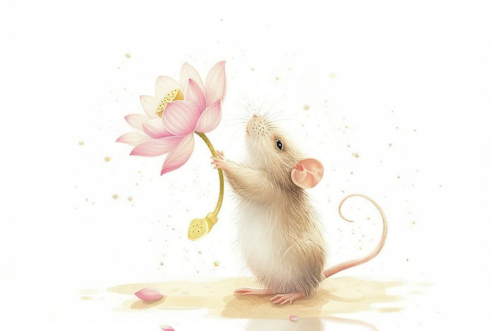 Baby rat raise lotus leaf over head animal rodent mammal.