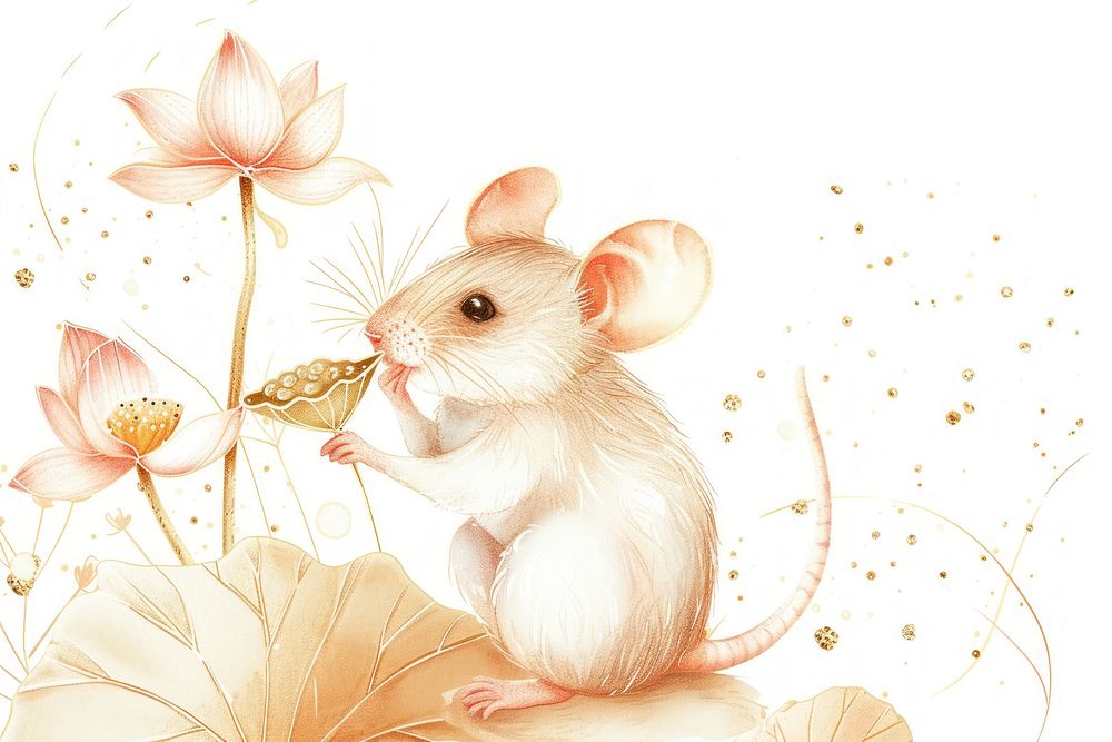 Baby rat raise lotus leaf over head animal rodent mammal.