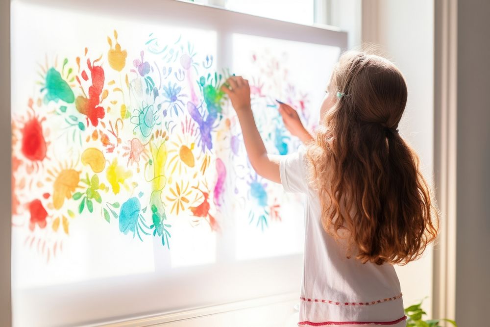 Girl using marker to paper rainbow on the window child art paintbrush.