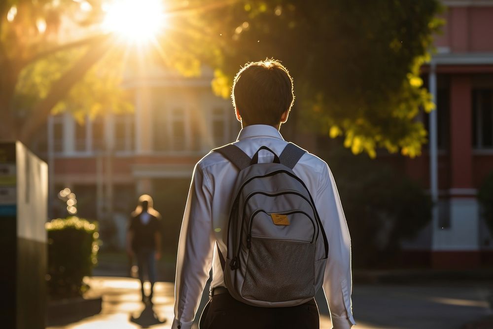 Latin American student walking to school sunlight backpack adult.