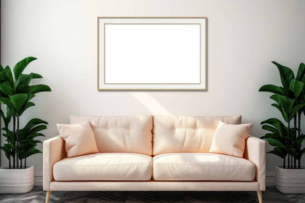 Empty white canvas frame on the livingroom wall plant furniture cushion.