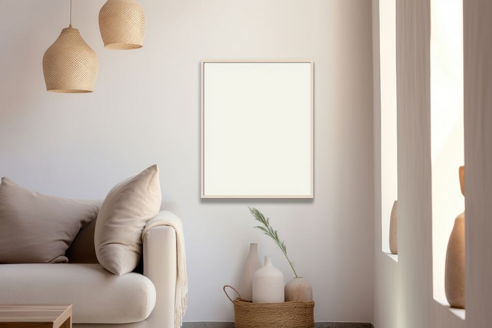 White empty framed canvas on the arch livingroom wall lamp architecture furniture.
