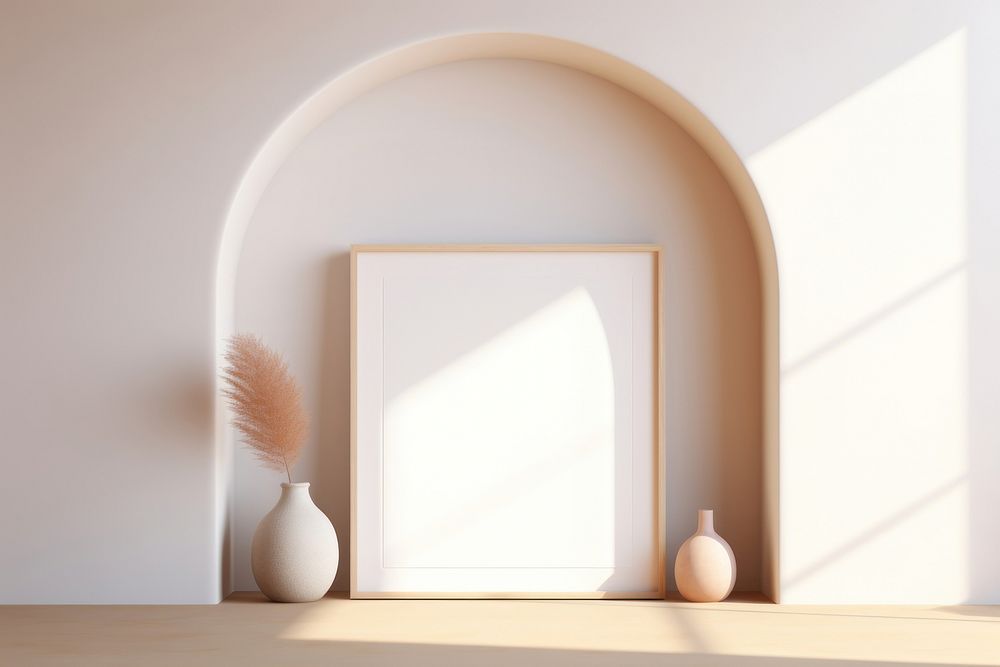 White empty framed canvas on the arch livingroom wall architecture decoration furniture.