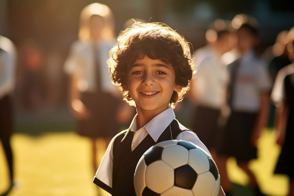 Brazilian young primary school student boy wearing uniform football portrait sunlight.